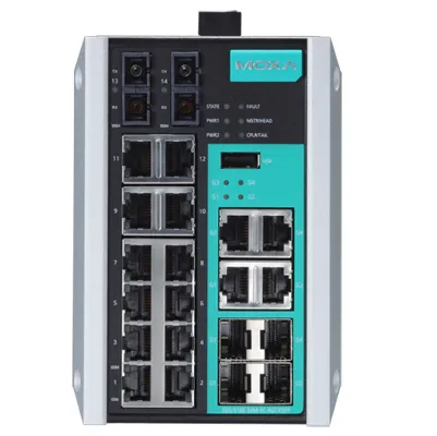 MOXA EDS-518E-MM-SC-4GTXSFP Управляемый коммутатор Gigabit Ethernet c портами 12 x 10/100BaseTX, 4 x 10/100/1000BaseT(X) или 100/1000BaseSFP, 2 x 100BaseFX (многомод, разъем SC) 