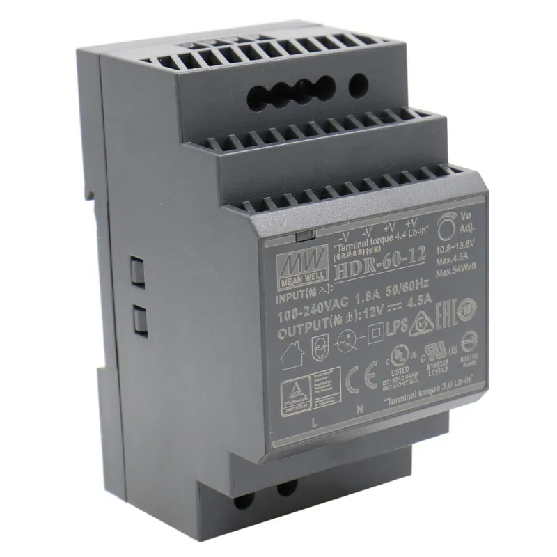 HDR-60-12 Mean Well Блок питания 54Вт, вход 85-264В AC, 120-370В DC, выход 12В/4.5А, изоляция 3000В AC