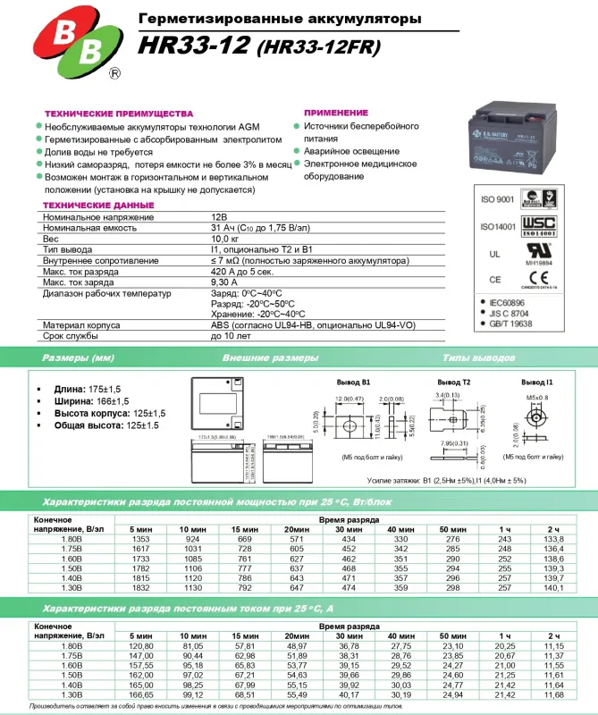 B.B.Battery HR 33-12 Аккумуляторная батарея (12V, 33Ah)