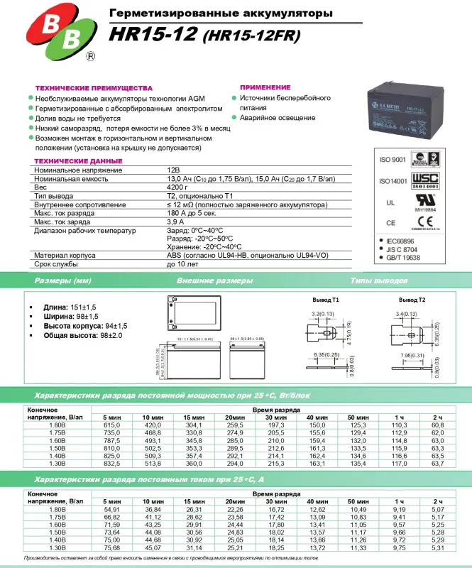 B.B.Battery HR 15-12 Аккумуляторная батарея (12V, 15Ah)