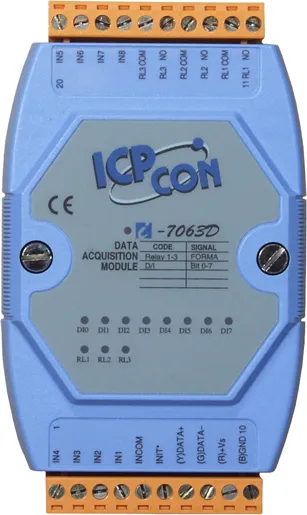 ICP-CON I-7063D модуль с 8 каналами дискретного ввода и 3 каналами вывода силовых реле с изоляцией и индикацией