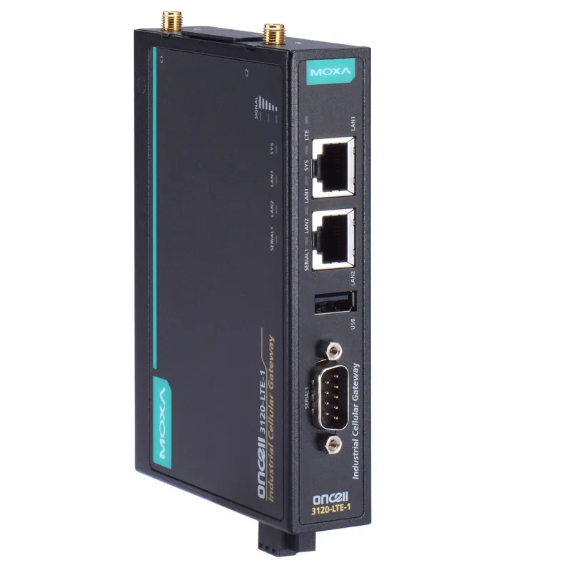MOXA OnCell 3120-LTE-1-EU-T LTE-модем с 2 слотами для SIM-карт, 2 Ethernet-портами, 1 портом RS-232/422/485, с диапазоном рабочих температур от -30 до 70°C (без антенн в комплекте)