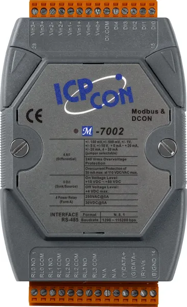 ICP-CON M-7002-G 4-канальный модуль аналогового ввода, 5-канальный дискретного ввода и 4-канальный релейного вывода