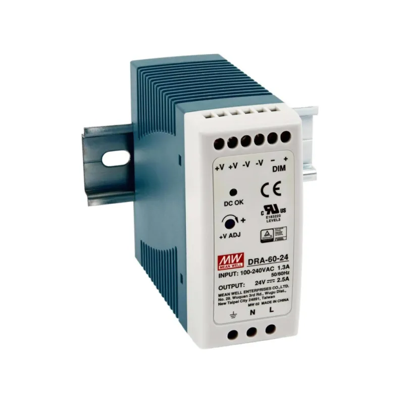 DRA-60-24 Mean Well Блок питания (AC/DC, монтаж DIN-рейку, регулировка тока, 24В, 2.5А)