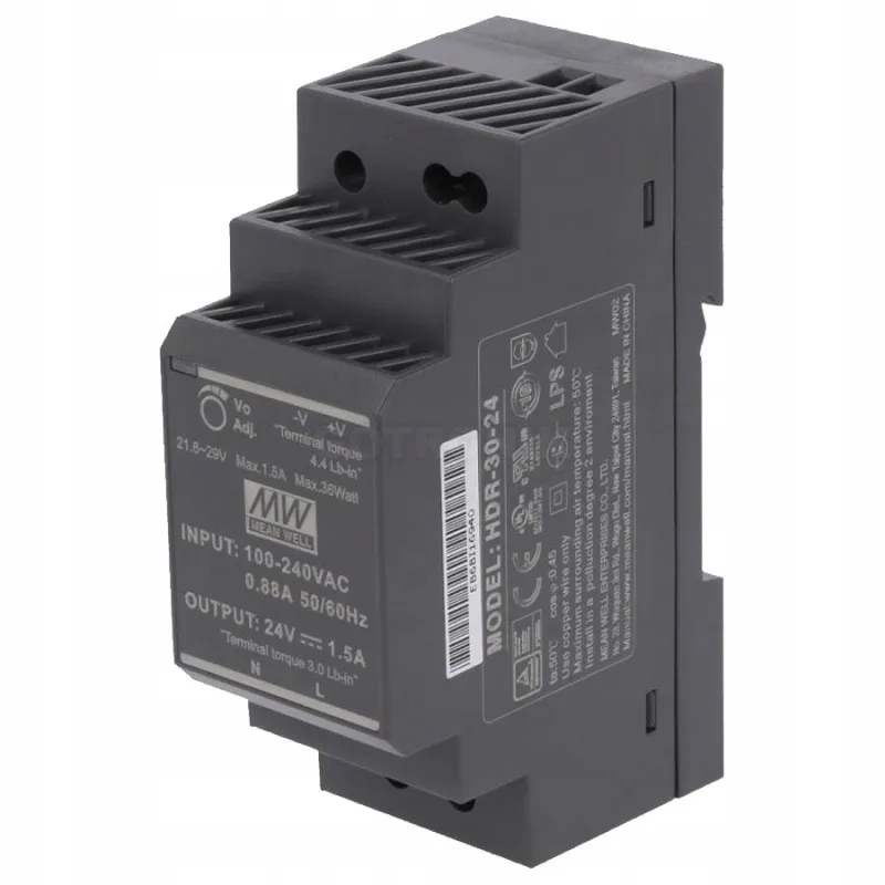 HDR-30-12 Mean Well Блок питания (AC/DC, монтаж DIN-рейку, 5В, 3А, 15Вт)