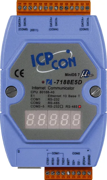 ICP-CON I-7188E5D Программируемый контроллер с 5 COM-портами (4 x RS-232, 1 x RS-485), с индикацией