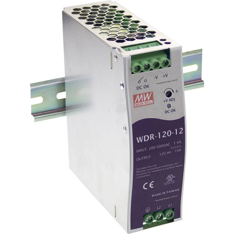 WDR-120-24 Mean Well Блок питания (AC/DC,монтаж DIN-рейку, 24В, 5А, входное напряжение 180~550VAC, 254~780VDC, реле DC-OK)