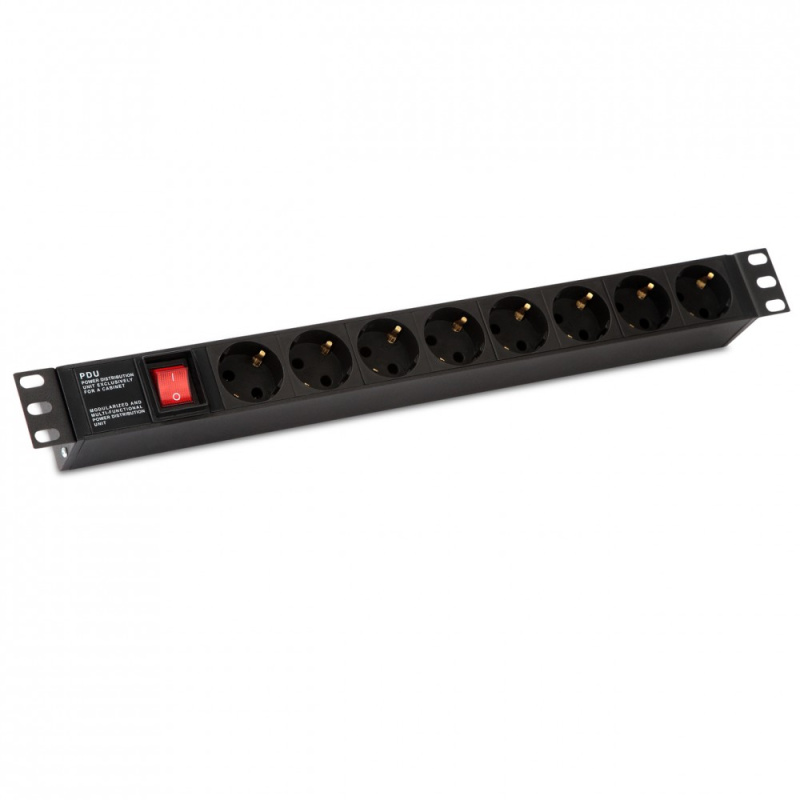 Hyperline SHE19-8SH-S-IEC Блок розеток для 19" шкафов, горизонтальный, с выключателем с подсветкой, 8 розеток Schuko (10А)