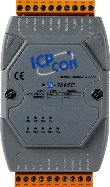ICP-CON M-7065D-G CR Модуль с 4 каналами дискретного ввода с изоляцией и 5 каналами силового реле, Form A, с индикацией
