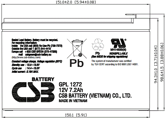 Аккумулятор CSB серии GPL 12В 7,2 Ач (GPL 1272 F2)