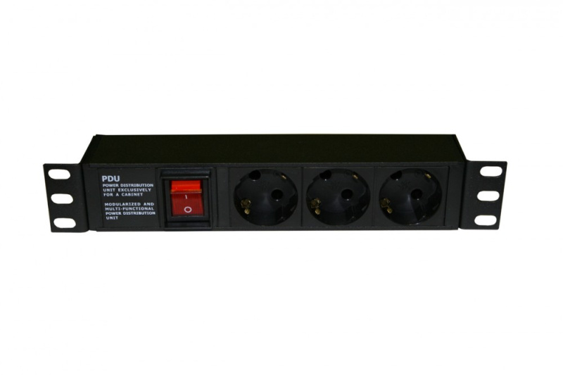 Hyperline SHE10-3SH-S-IEC Блок розеток для 10" шкафов, горизонтальный, с выключателем с подсветкой, 3 розетки Schuko (10А)