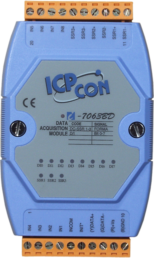 ICP-CON I-7063BD модуль с 8 каналами дискретного ввода и 3 каналами вывода твердотельных реле постоянного тока (DC SSR) с изоляцией и индикацией