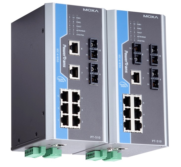 MOXA PT-510-MM-SC-24 Управляемый коммутатор 8 x 10/100BaseTX, 2 x 100BaseFX (многомодовое оптоволокно) соответствует требованиям IEC 61850-3