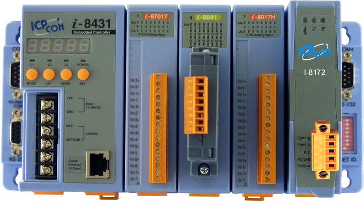 ICP-CON I-8431 Программируемый модульный контроллер с 4 слотами расширения, с 3 COM-портами (1 x RS-232 для обновления прошивки, 1 x RS-232/RS-485, 1 x RS-232) и портом Ethernet