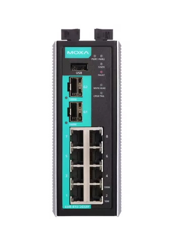 MOXA EDR-810-2GSFP-T Промышленный маршрутизатор: 8 портов Ethernet + 2 порта Gigabit Ethernet, Firewall/NAT, с промышленным диапазоном температур