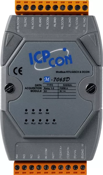 ICP-CON M-7065D-G CR Модуль с 4 каналами дискретного ввода с изоляцией и 5 каналами силового реле, Form A, с индикацией