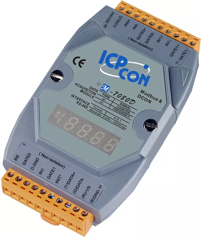 ICP-CON M-7080D-G Модуль с 2 каналами счетчика/частотомера, с индикацией, протокол Modbus RTU, параллельная шина