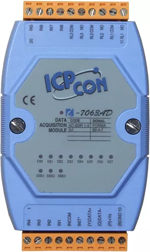 ICP-CON I-7063AD модуль с 8 каналами дискретного ввода и 3 каналами вывода твердотельных реле переменного тока (AC SSR) с изоляцией и индикацией