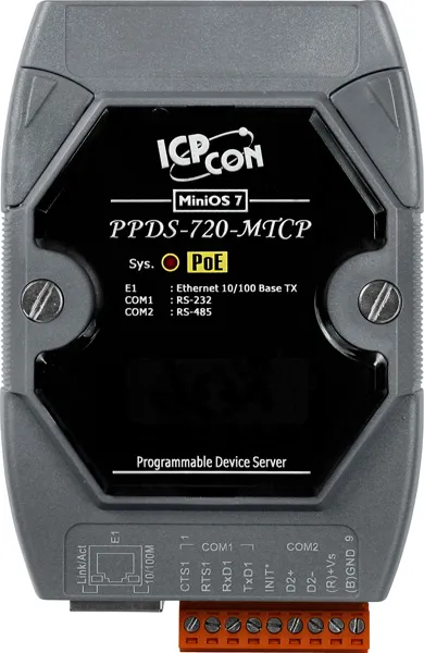 ICP-CON PPDS-720-MTCP Программируемый Ethernet сервер последовательных интерфейсов, шлюз Modbus TCP в Modbus RTU/ASCII, 1xRS-232, 1xRS-485, POE